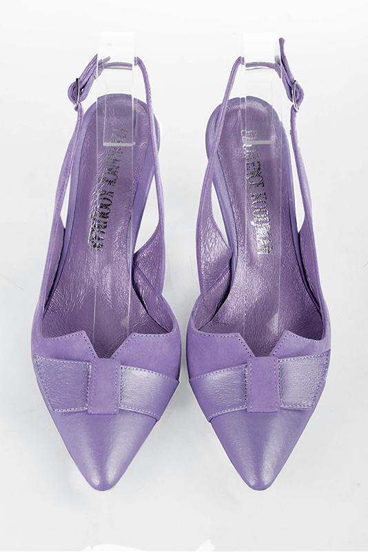 Lilac purple women's open back shoes, with a knot. Tapered toe. High spool heels. Top view - Florence KOOIJMAN